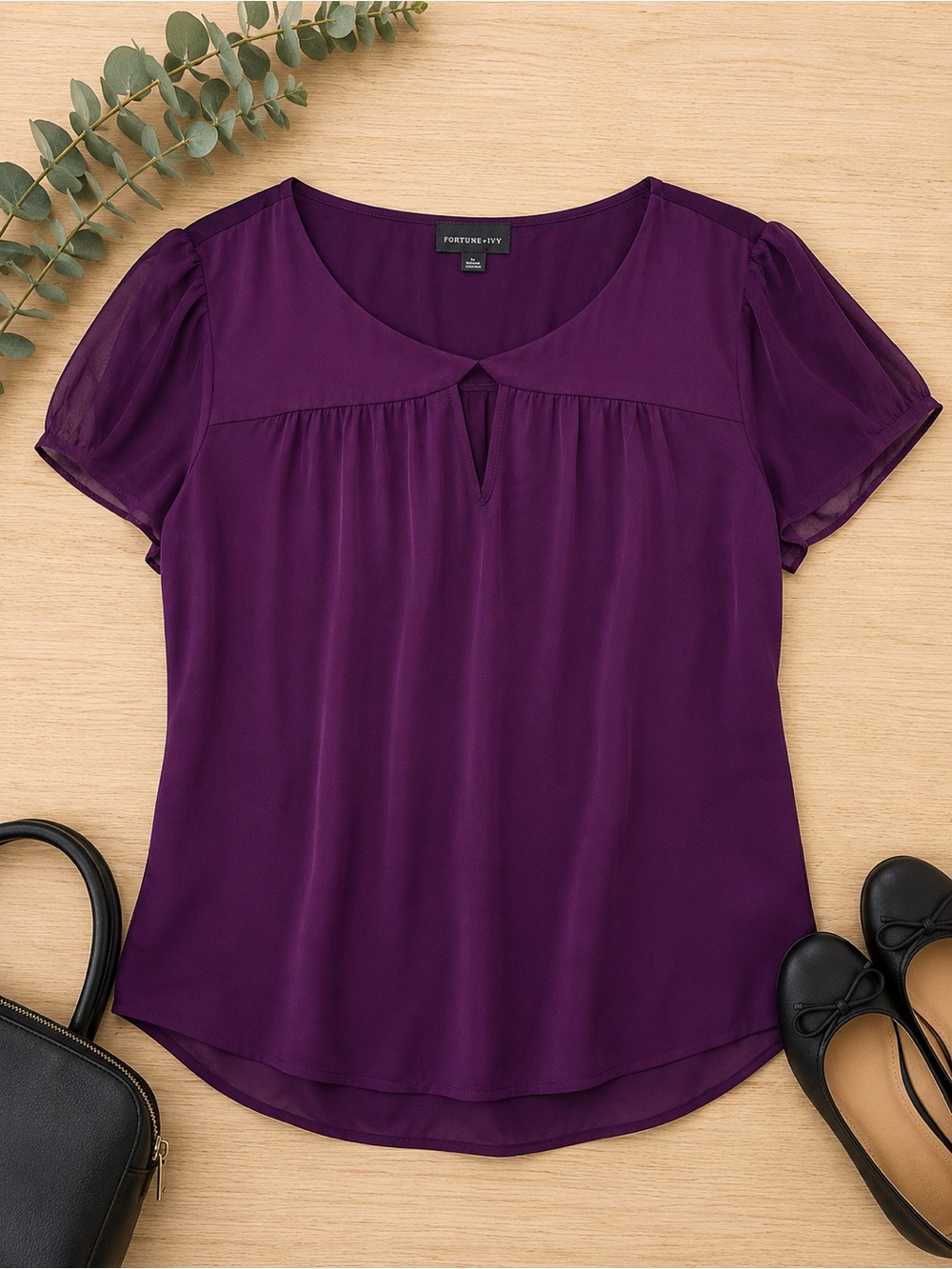 💜Fortune + Ivy Plum Flutter Sleeve Blouse Keyhole Top Size Large💜